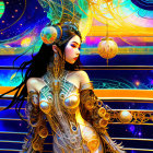 Illustration of woman in golden armor with celestial ship background