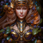 Futuristic female character in intricate metallic armor with glowing blue energy spheres and striking blue eyes.