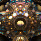 Colorful fractal art: intricate patterns, psychedelic colors, spherical shapes, fluorescent orbs, golden fil