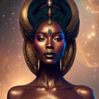 Futuristic portrait of dark-skinned woman with golden jewelry in sci-fi city backdrop