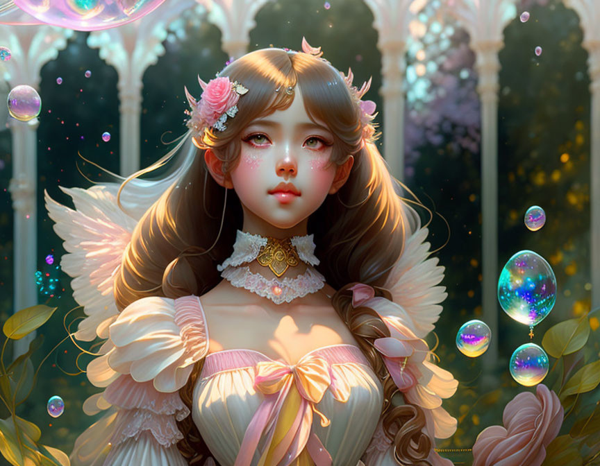 Illustration of girl with expressive eyes in enchanted forest scene