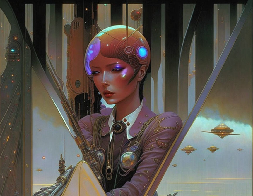 Futuristic woman with cybernetic enhancements in sci-fi cityscape