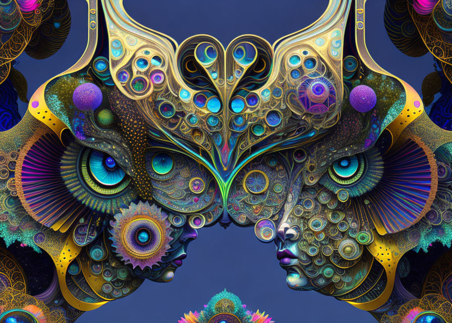 Symmetrical psychedelic digital art with vibrant faces and intricate patterns