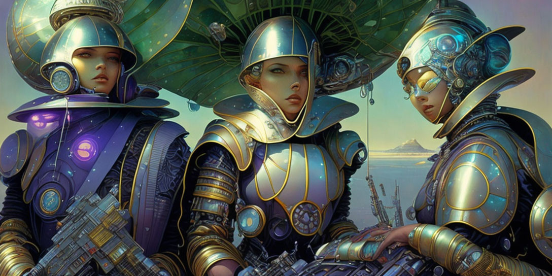 Futuristic warriors in ornate armor against misty mountains