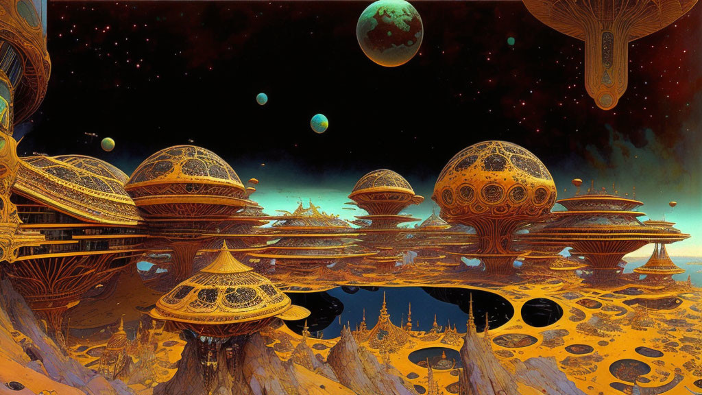 Alien cityscape with mushroom-like structures and interconnected platforms