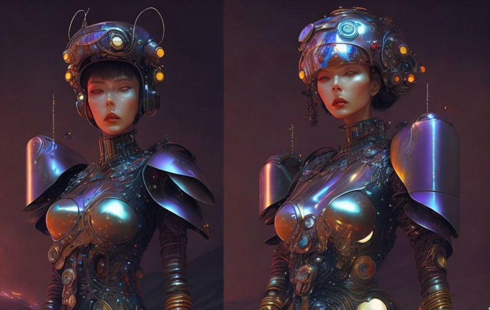 Futuristic female android in metallic suit with glowing helmet