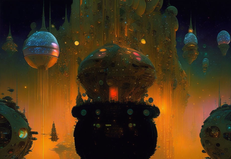 Futuristic cityscape with floating spheres and skyscrapers at twilight