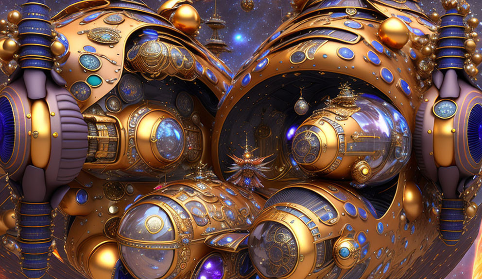 Intricate golden spheres with cogs and gems in cosmic digital art