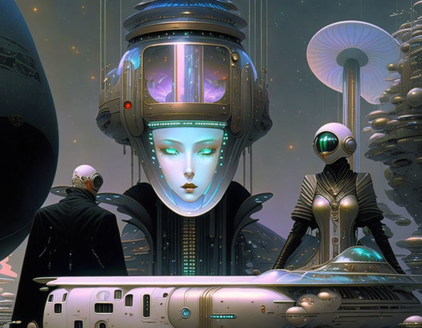 Large female android head, humanoid, and spherical robot in futuristic alien city.