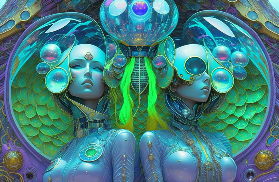 Symmetrical futuristic android figures in iridescent blue and purple hues with intricate patterned orbs.