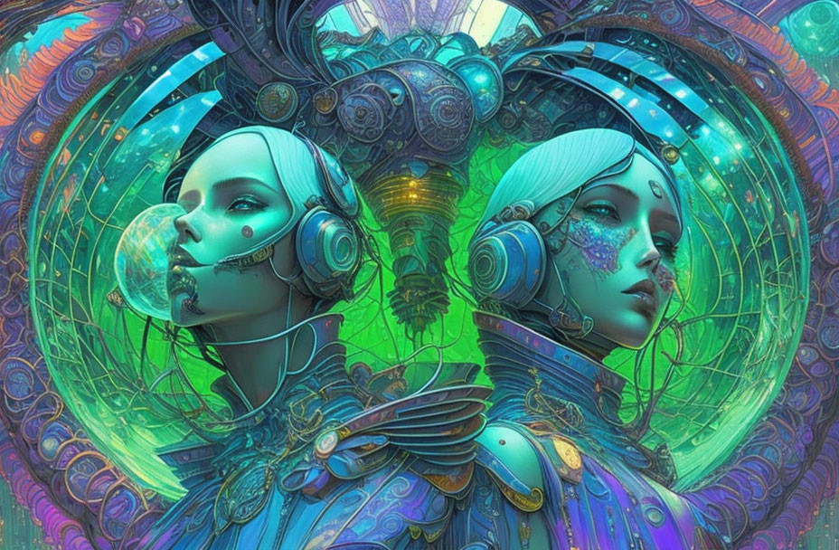 Symmetrical female figures in futuristic armor against peacock feather background