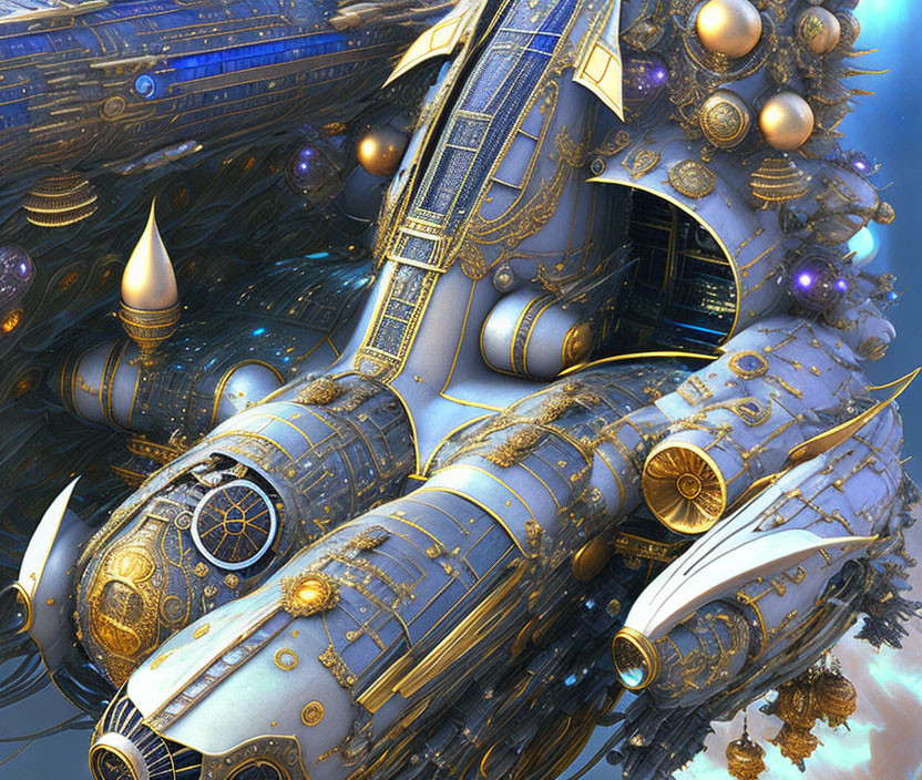 Steampunk-inspired spaceship with golden gears in cloudy sky