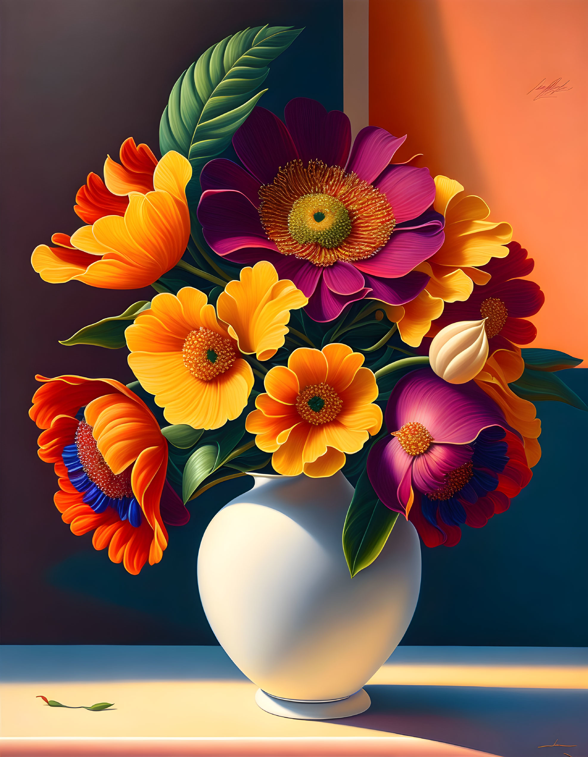 Colorful Flower Bouquet Still-Life Painting with Yellow and Purple Hues