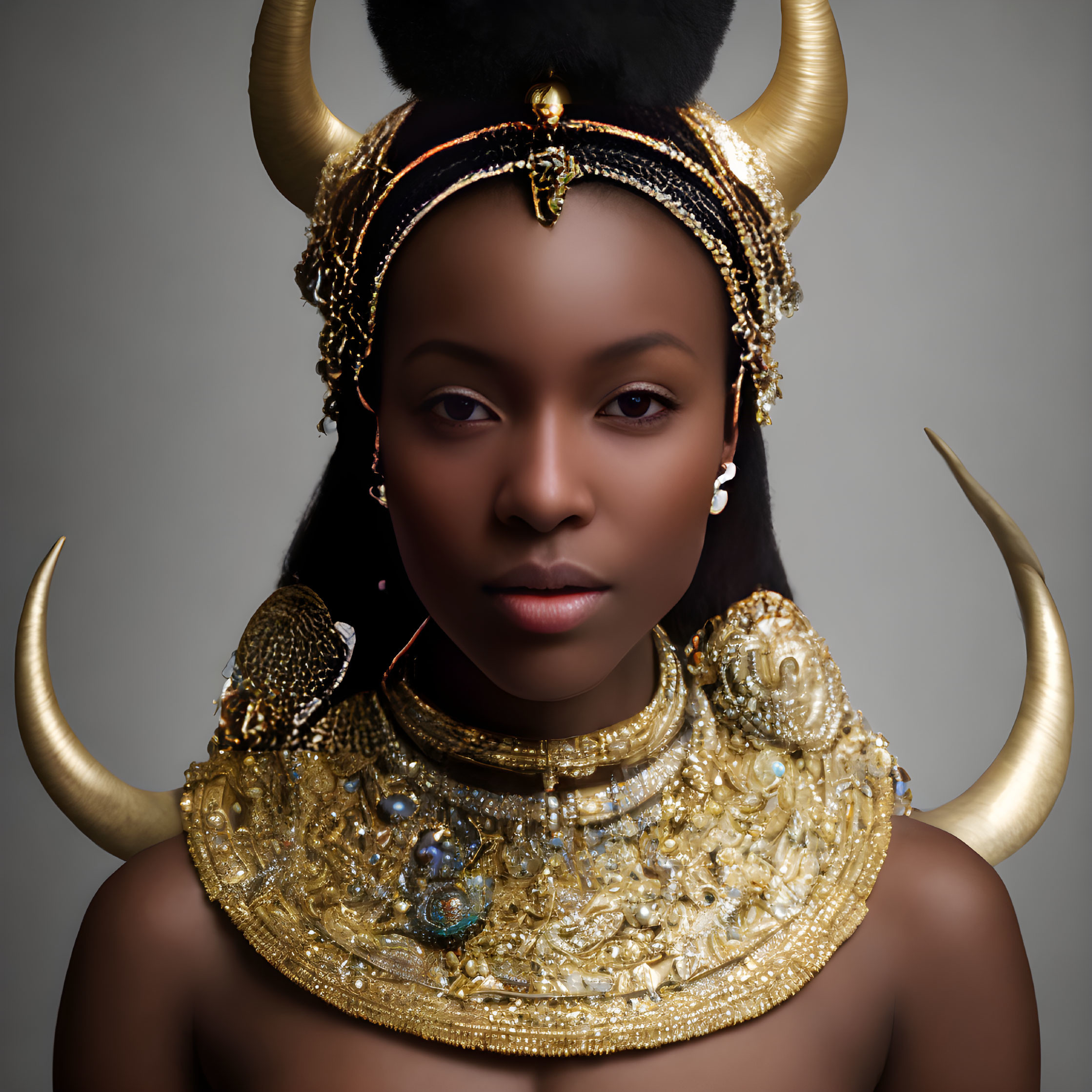 Woman with stern expression in ornate golden headdress and jewelry.