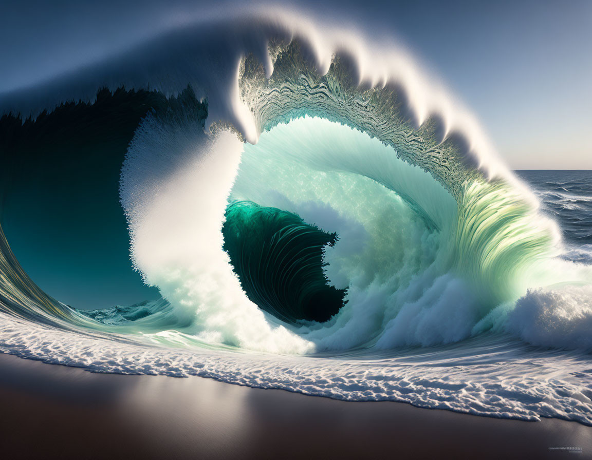 High-definition image of massive curling wave with intricate patterns