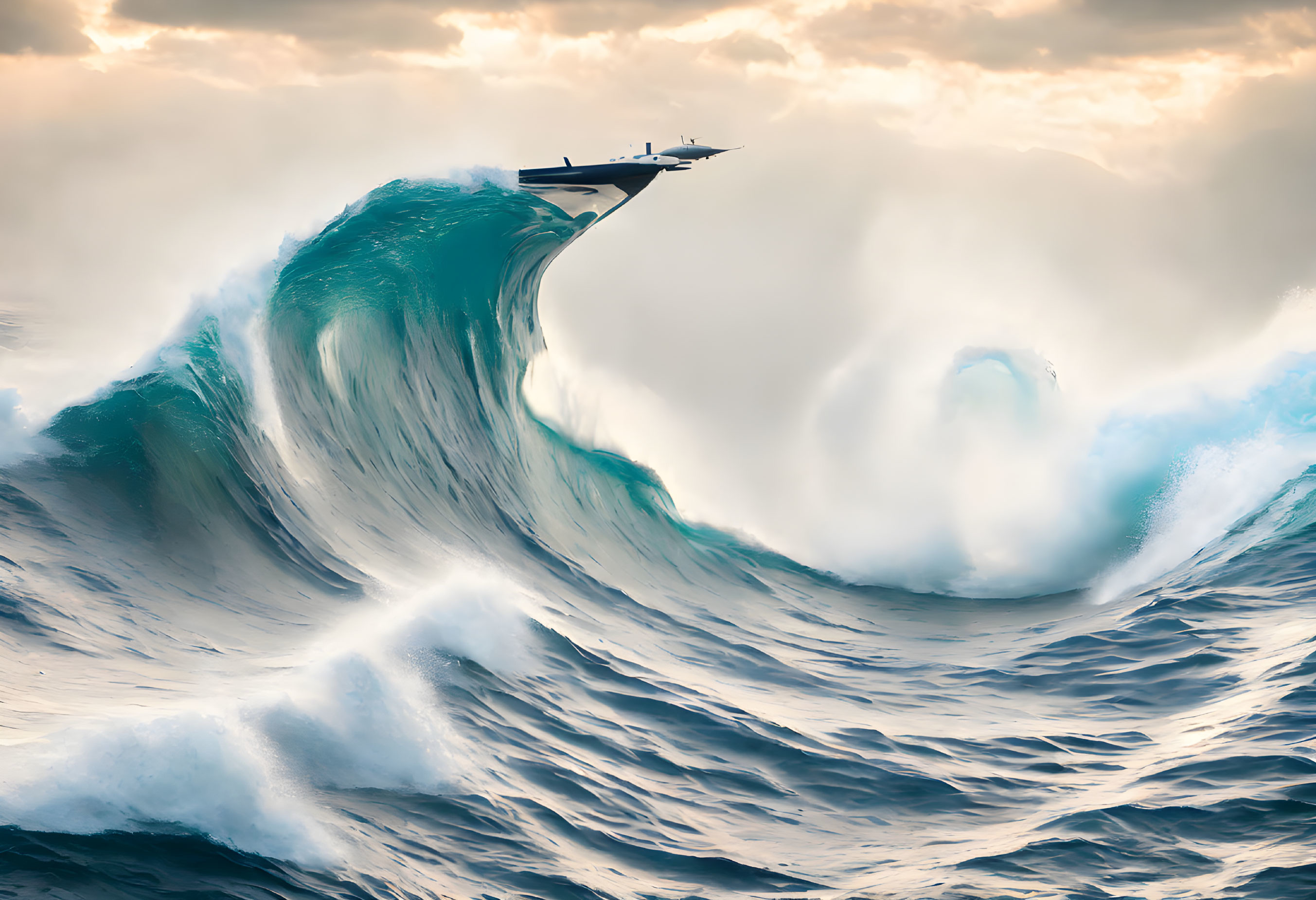 Stormy sea with giant wave cresting and small boat precarious atop