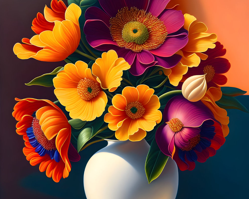 Colorful Flower Bouquet Still-Life Painting with Yellow and Purple Hues