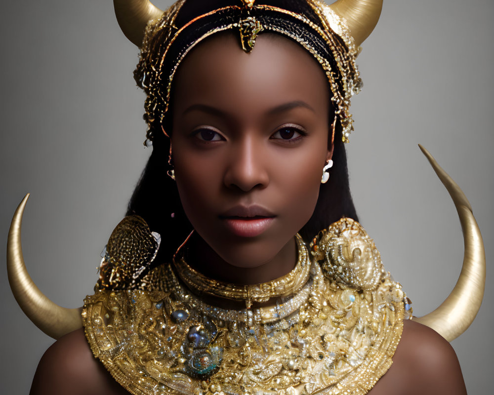 Woman with stern expression in ornate golden headdress and jewelry.