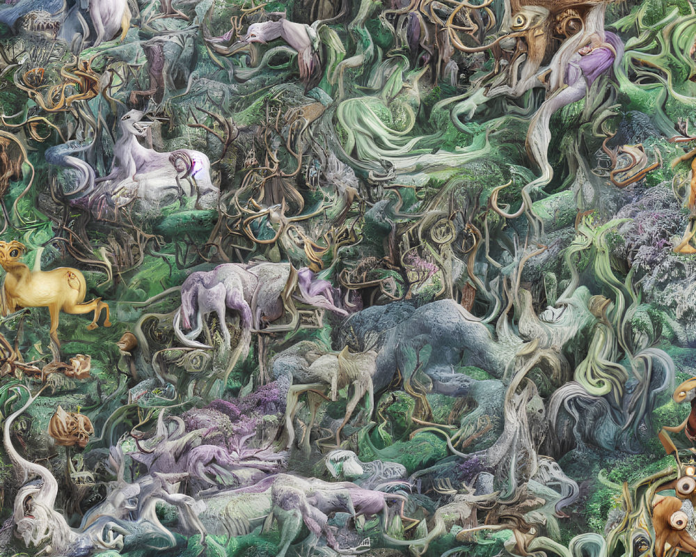 Surreal tapestry with whimsical creatures and twisted vegetation