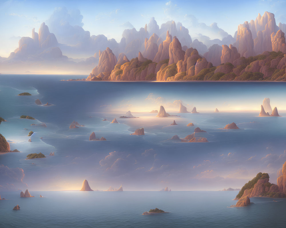 Tranquil landscape with majestic mountains, scattered islands, and calm seas