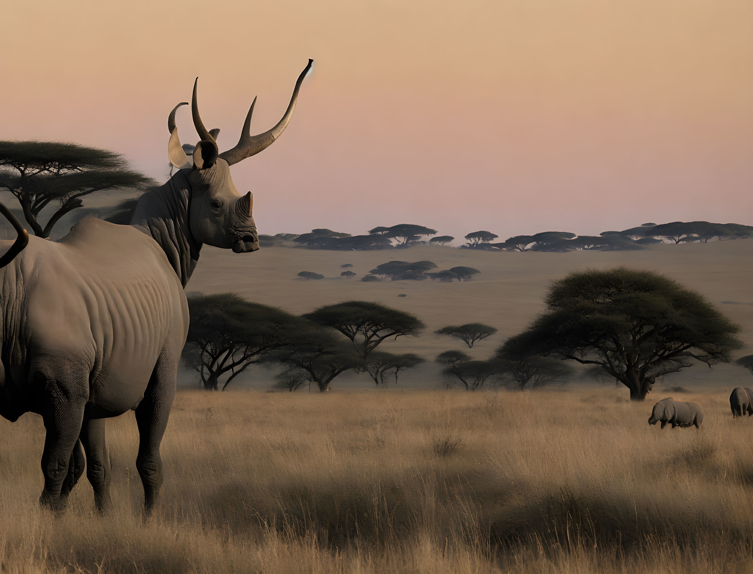 Majestic antelope with curved horns in savanna landscape at dusk