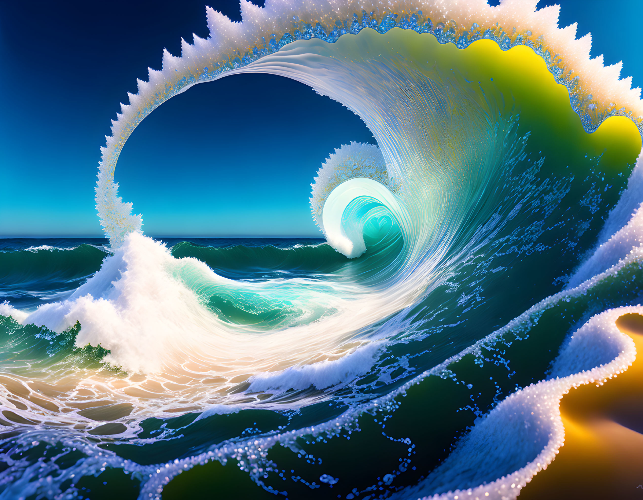 Vibrant digital artwork: Curling ocean wave against blue sky