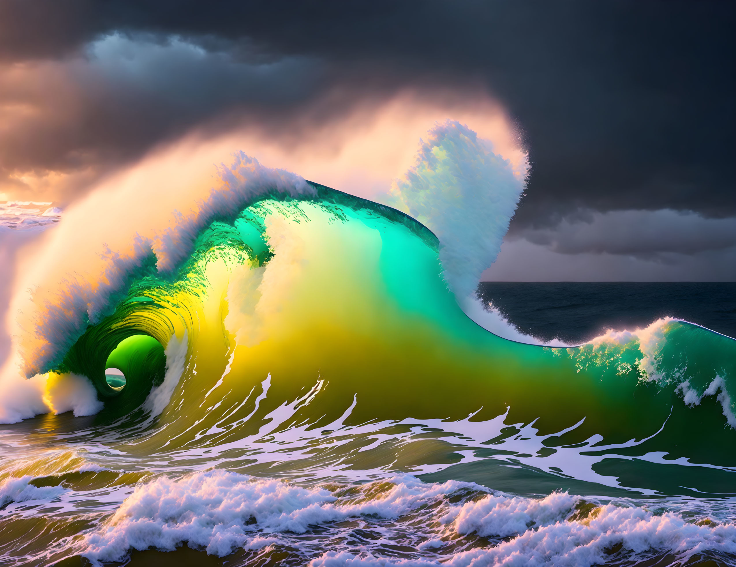 Dramatic towering wave under stormy sky