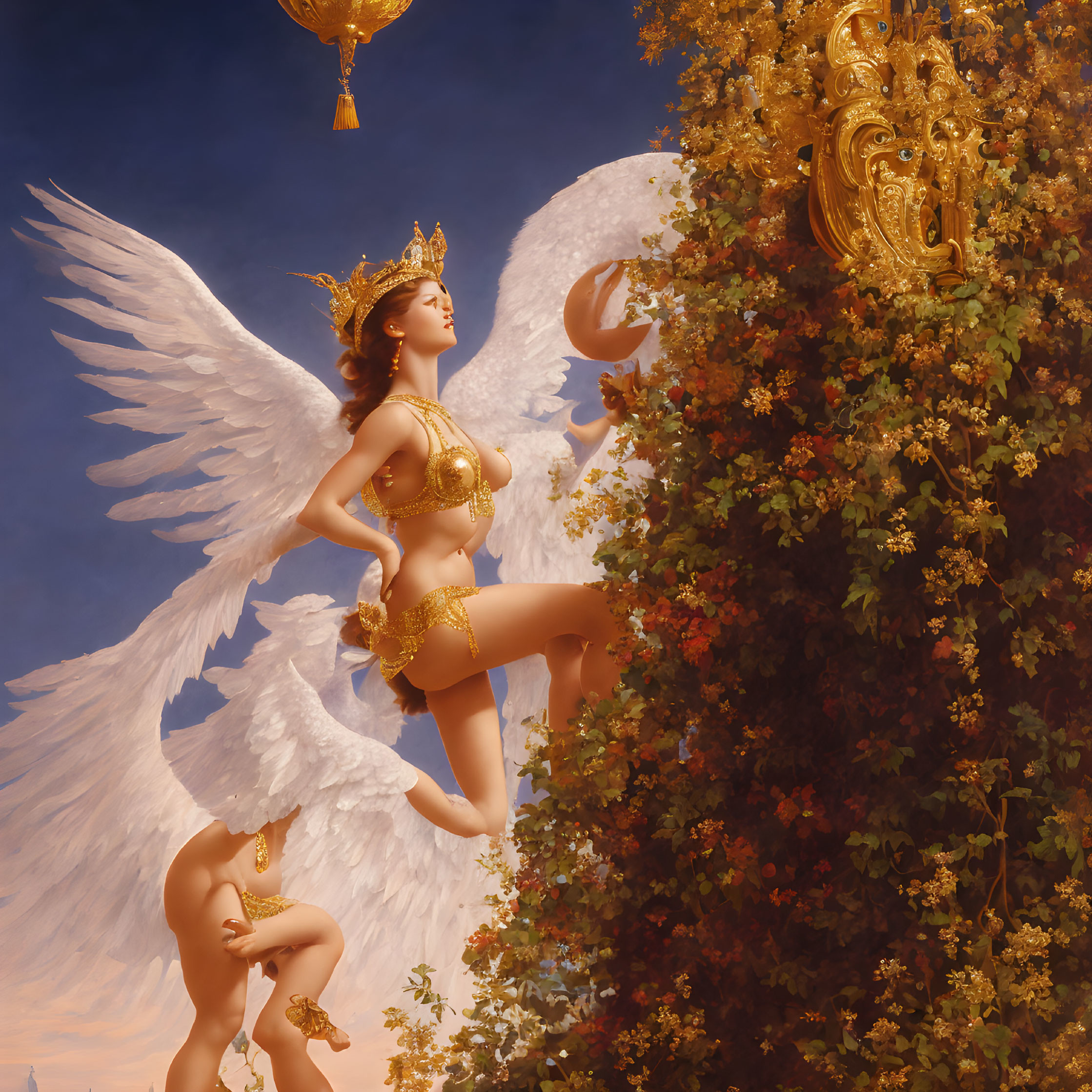 Golden-crowned angel with white wings ascending near lush tree