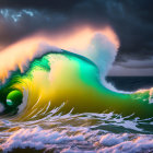 Dramatic towering wave under stormy sky