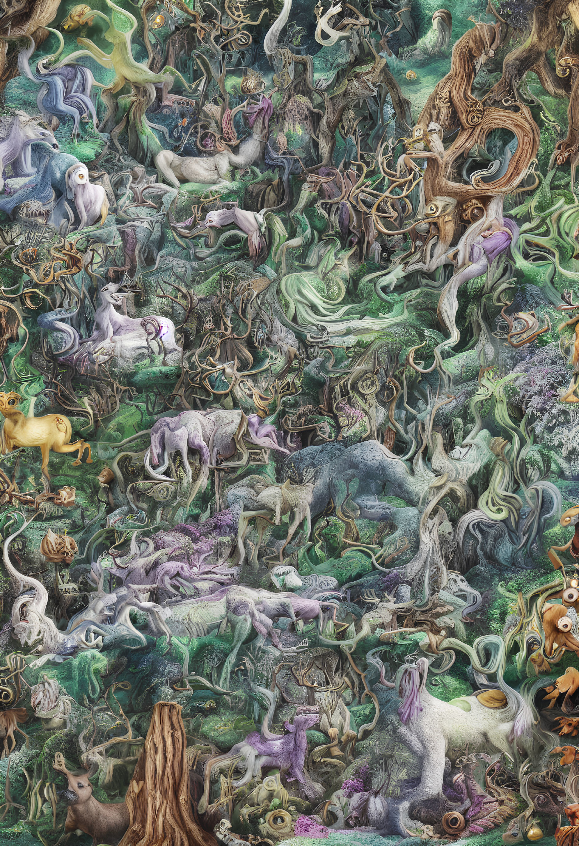 Surreal tapestry with whimsical creatures and twisted vegetation