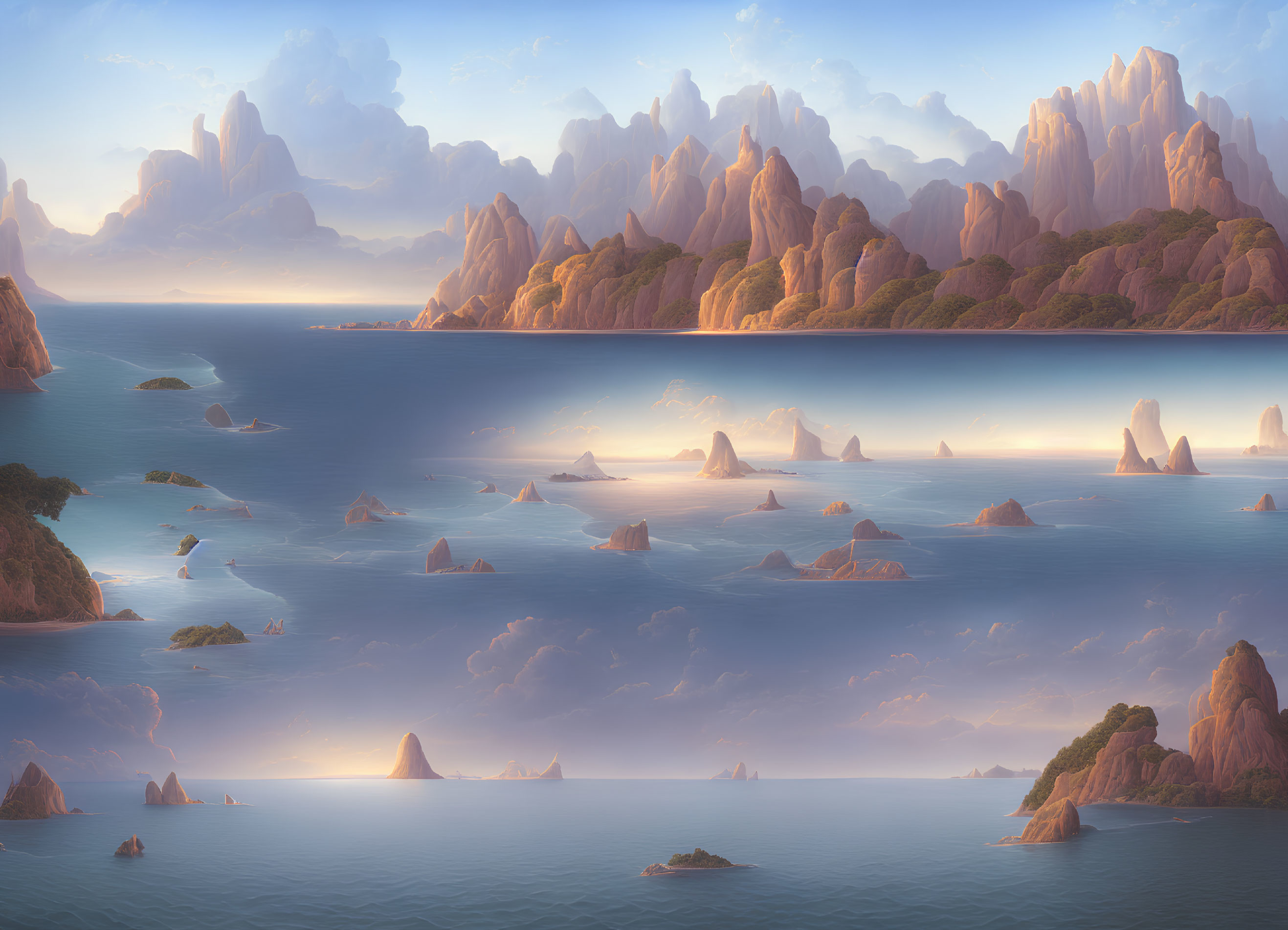 Tranquil landscape with majestic mountains, scattered islands, and calm seas