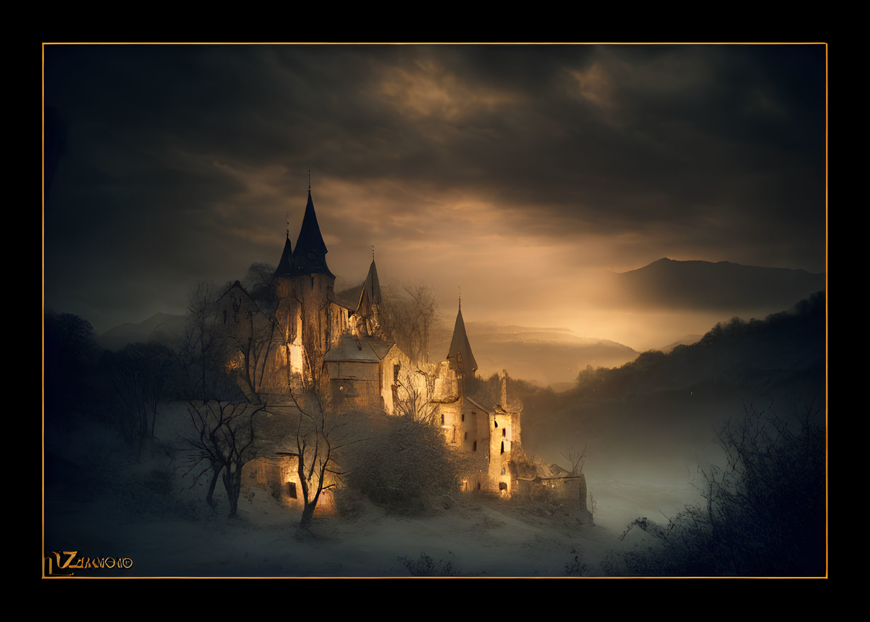 Ethereal gothic castle in misty mountain landscape at sunrise or sunset