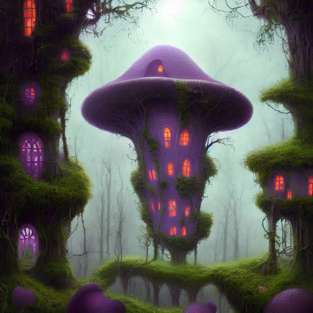 Enchanting forest with purple mushroom houses in misty green setting