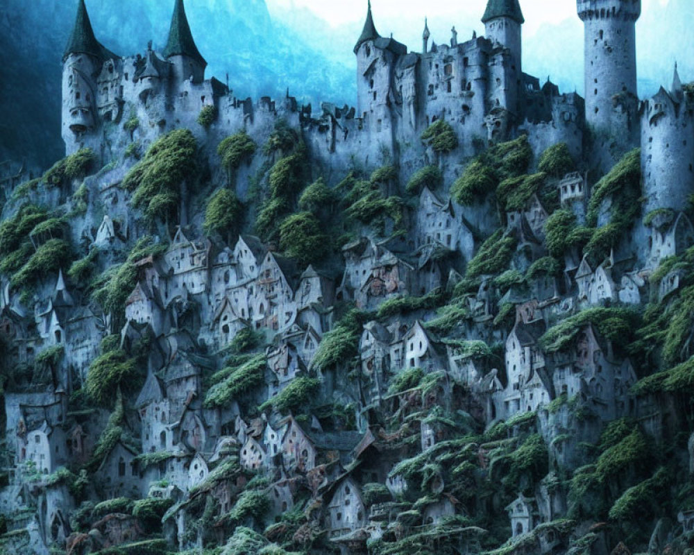 Medieval-style stone houses and towers in misty mountain forest