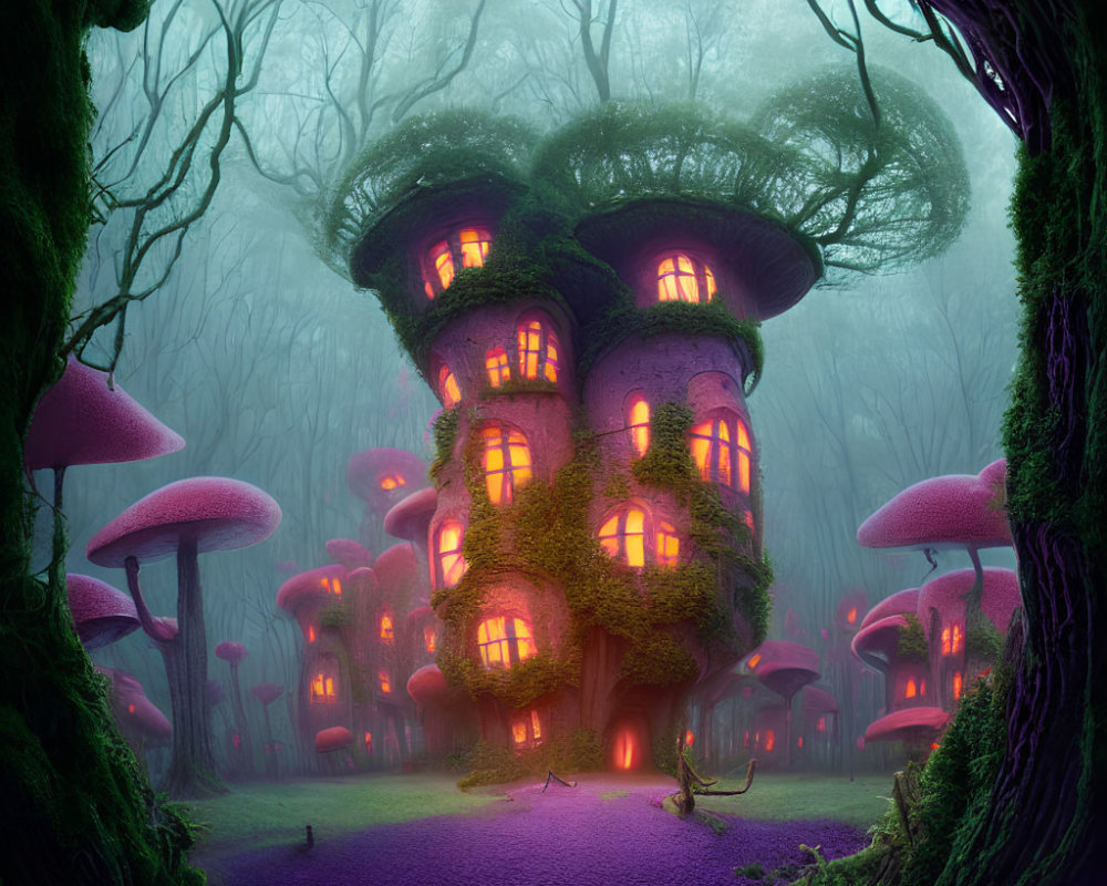 Enchanting multi-tiered treehouse in mystical forest with oversized purple mushrooms