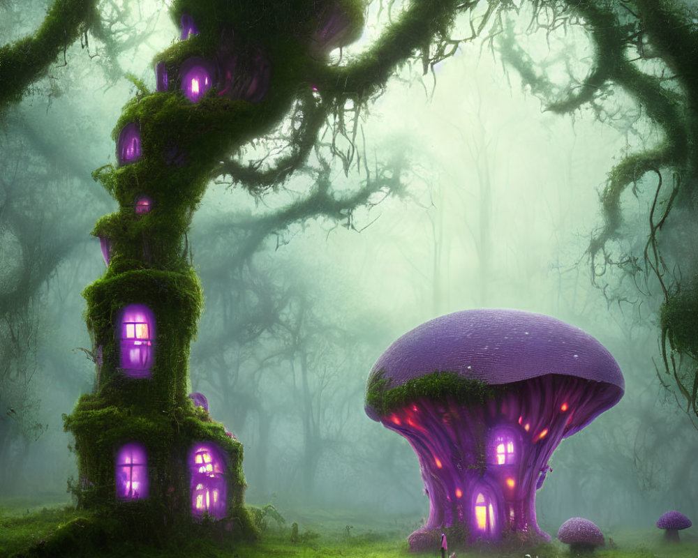 Enchanting fantasy forest with glowing purple mushroom house