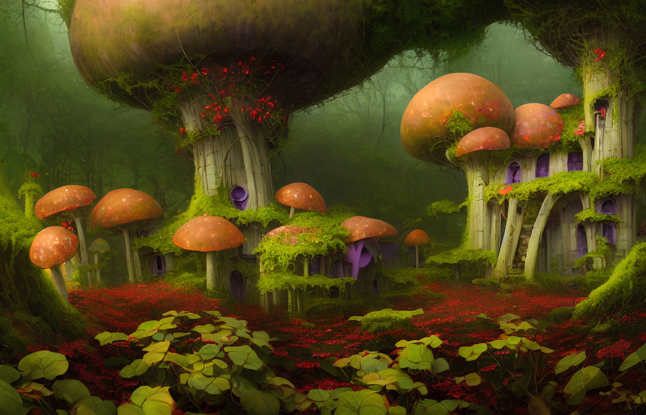 Fantasy forest landscape with oversized mushrooms and whimsical houses