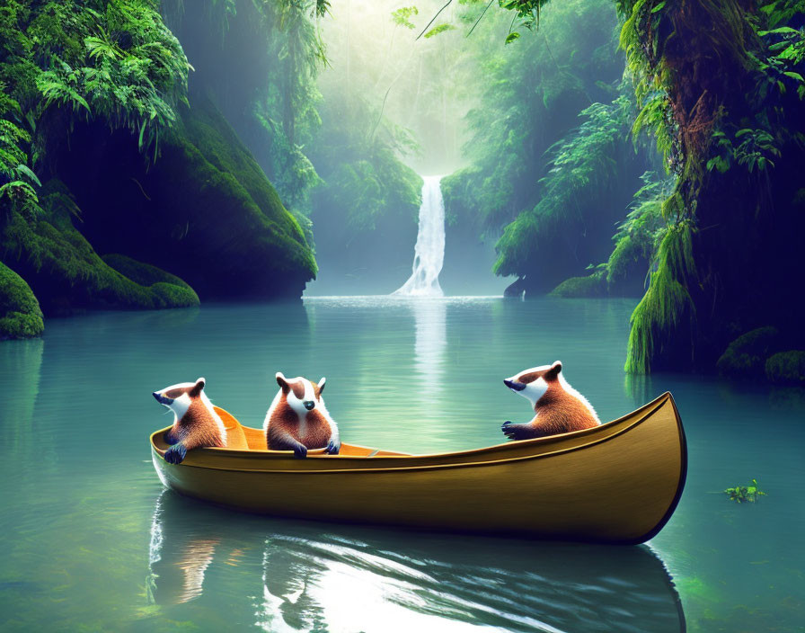 Three corgis in canoe on serene river with mist, lush greenery, waterfall