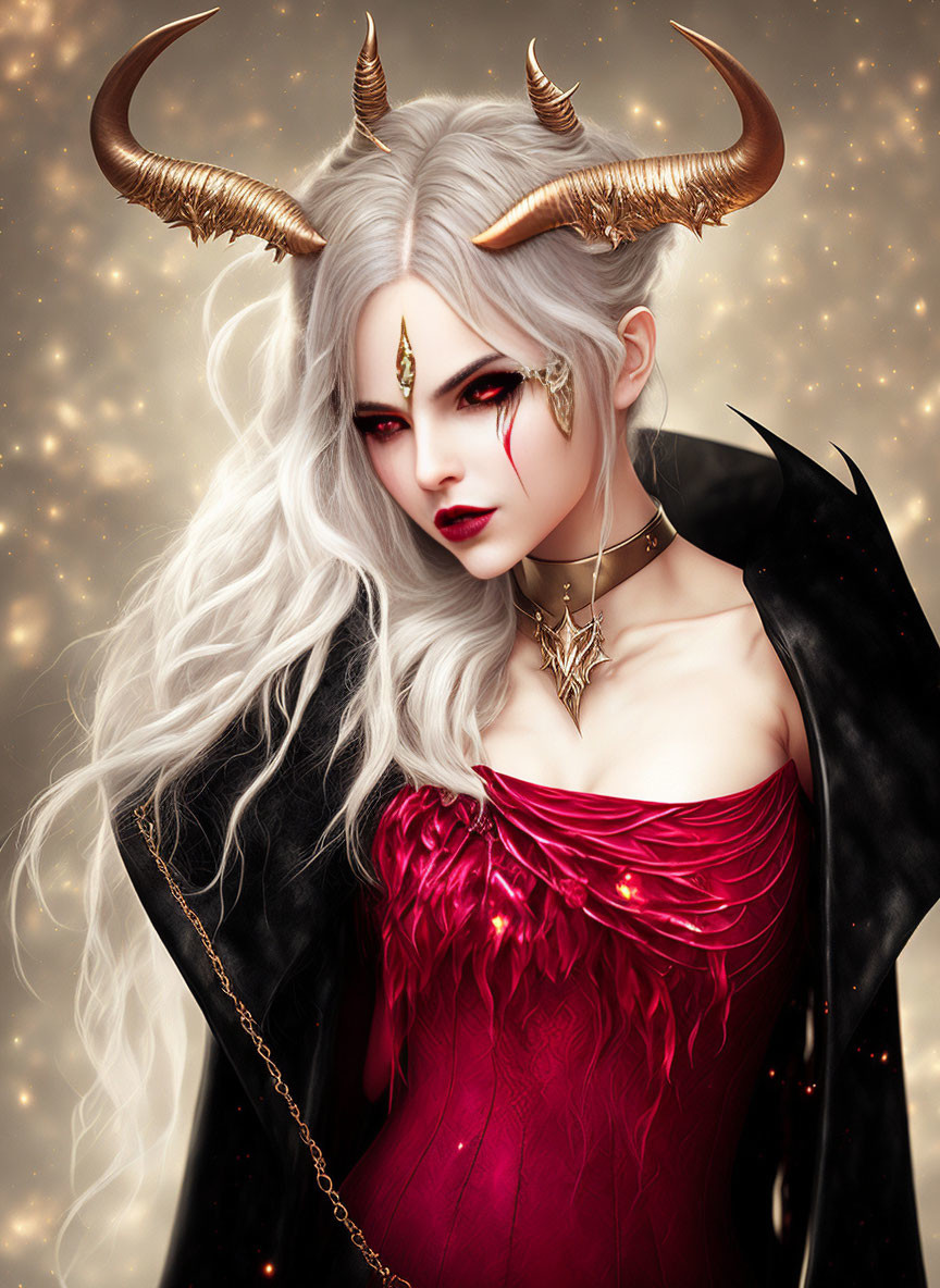 Fantasy portrait of woman with white hair, golden horns, red dress, and dark cape on spark