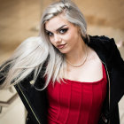 Fantasy portrait of woman with white hair, golden horns, red dress, and dark cape on spark