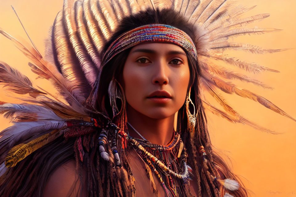 Woman in Native American headdress gazes into distance on orange background