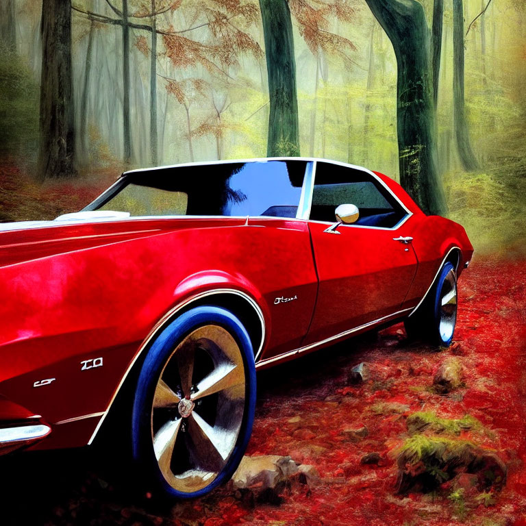 Red and Black Camaro in Misty Forest Setting with Fallen Leaves