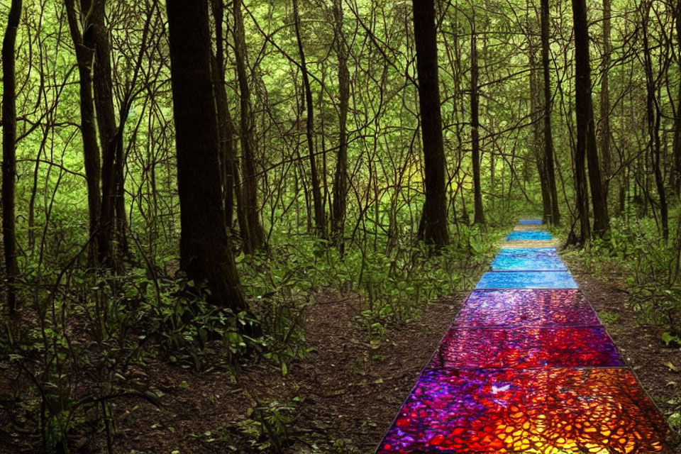 Colorful Mosaic Pathway in Dense Green Forest