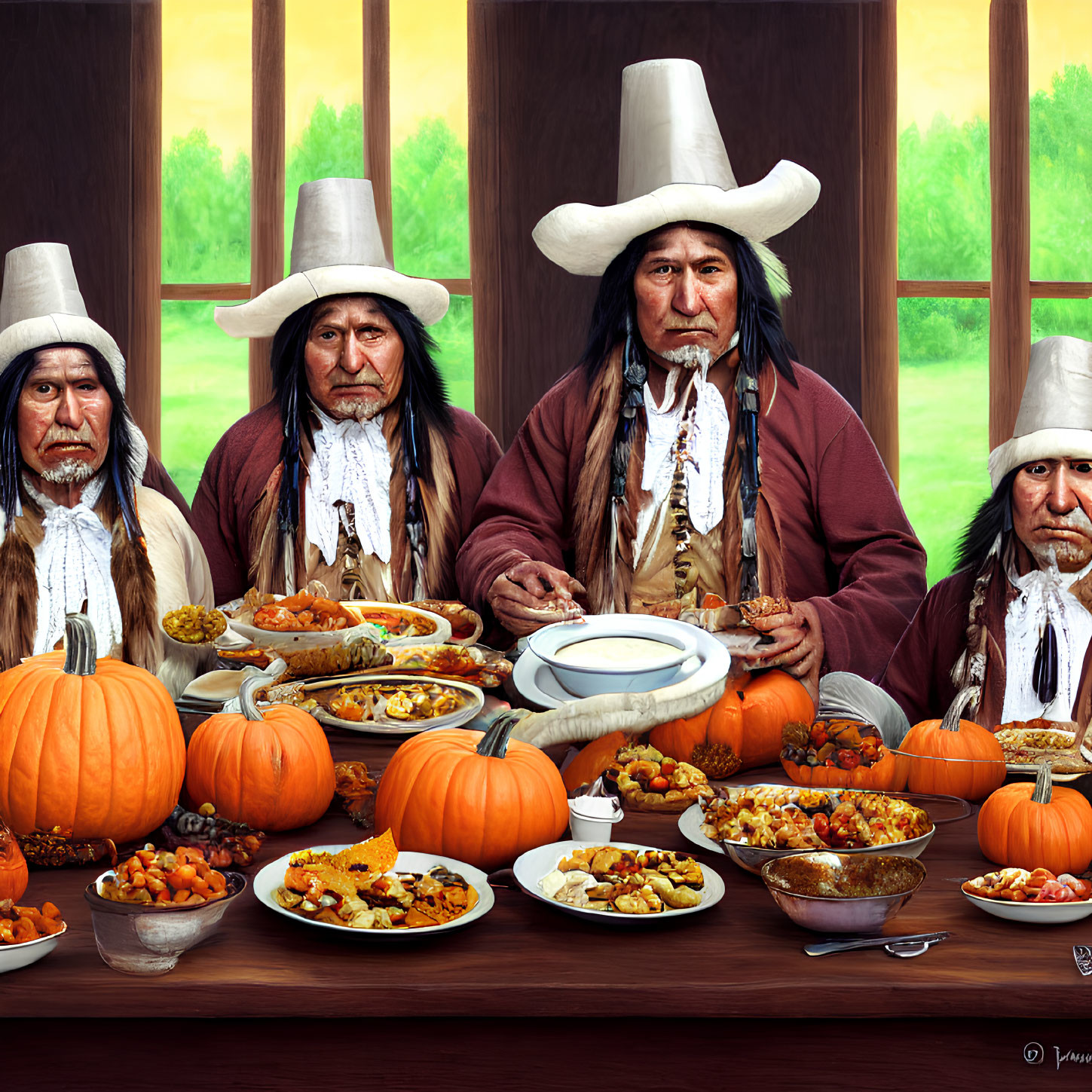 Traditional Thanksgiving feast with Native American men in attire and pumpkins, scenic view.