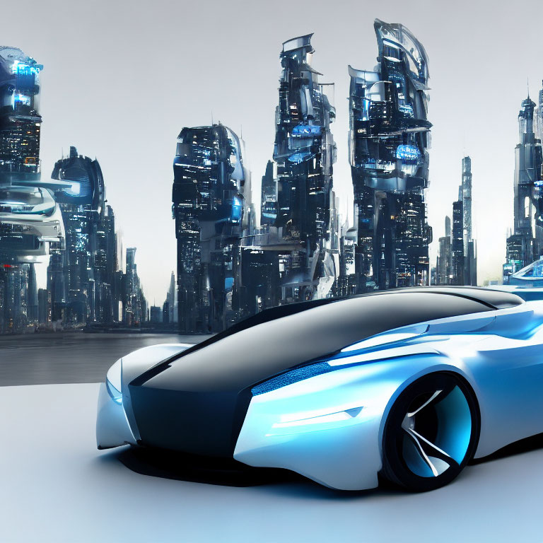 Sleek futuristic blue car in front of high-tech cityscape