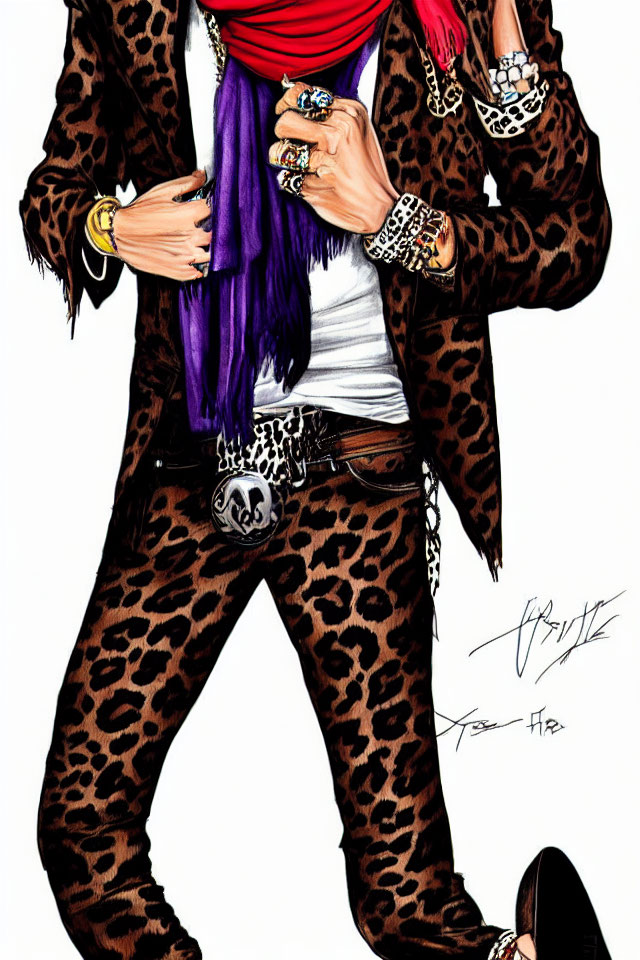 Fashionable illustration of person in leopard print pants, blazer, purple scarf, heavy jewelry.