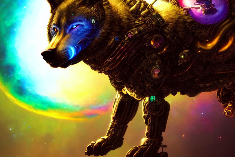 Mechanical wolf with blue markings and futuristic armor in cosmic setting