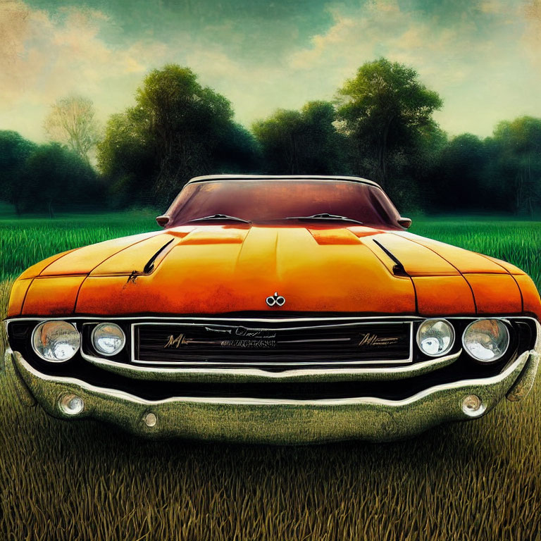 Vintage orange muscle car with chrome grille and headlights on grassy field in serene green landscape.