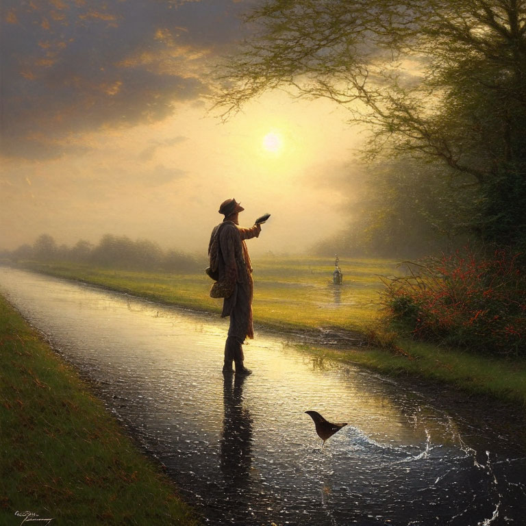 Person in coat and hat feeding bird on wet path at sunrise with misty trees