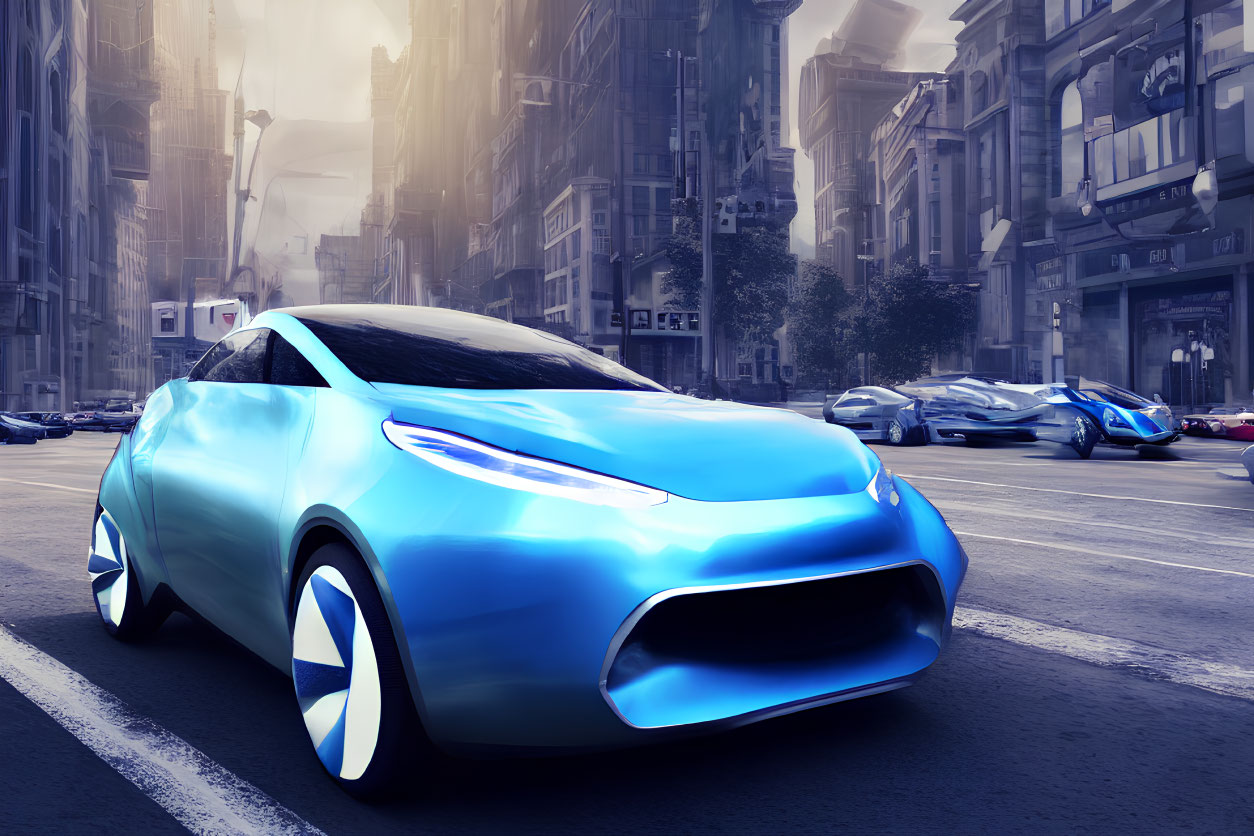 Futuristic Blue Car Parked on City Street with Modern Vehicles and Skyscrapers